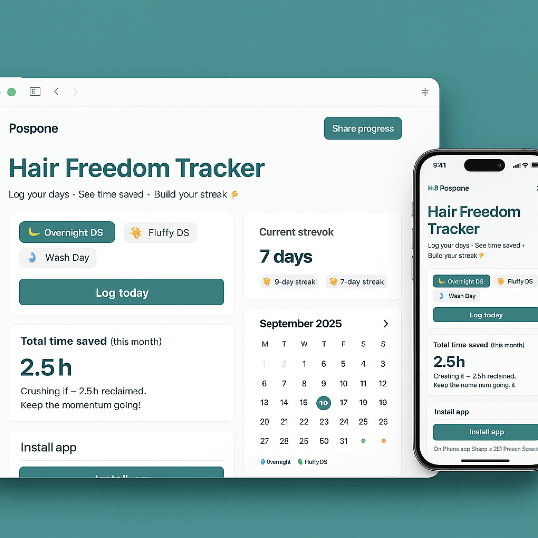 Responsive mockup of the Hair Freedom Tracker on desktop and mobile showing log chips (Overnight/Fluffy/Wash), a monthly calendar with color-coded dots, time-saved and streak counters, and a ‘Share progress’ button.