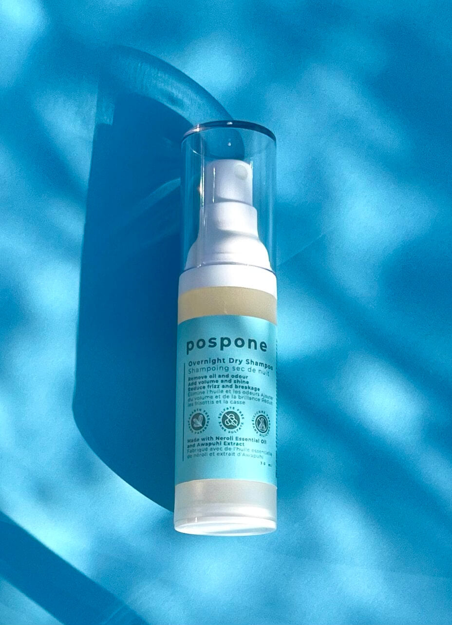 Pospone Overnight Dry Shampoo bottle – neroli-infused, clean plant-based hair refresh – benzene‑free, plant‑based dry shampoo by pospone