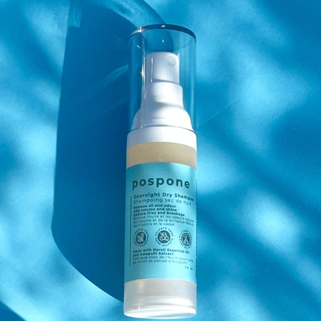 Pospone Overnight Dry Shampoo bottle – neroli-infused, clean plant-based hair refresh – benzene‑free, plant‑based dry shampoo by pospone