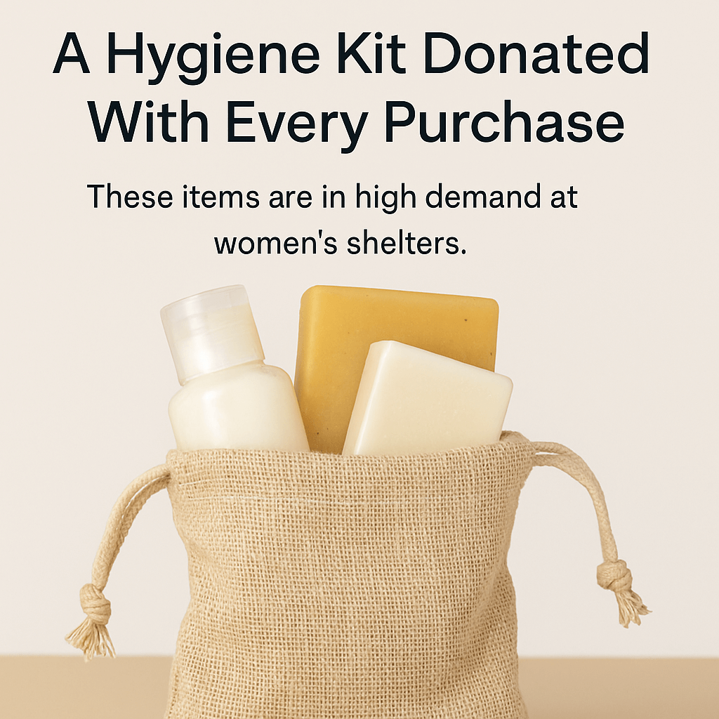 Hygiene kit with soap, shampoo, and other items in a burlap bag on a beige background.