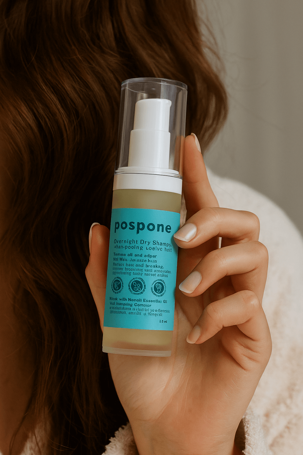 Hand holding a bottle of 'pospone' dry shampoo with a blurred background – benzene‑free, plant‑based dry shampoo by pospone