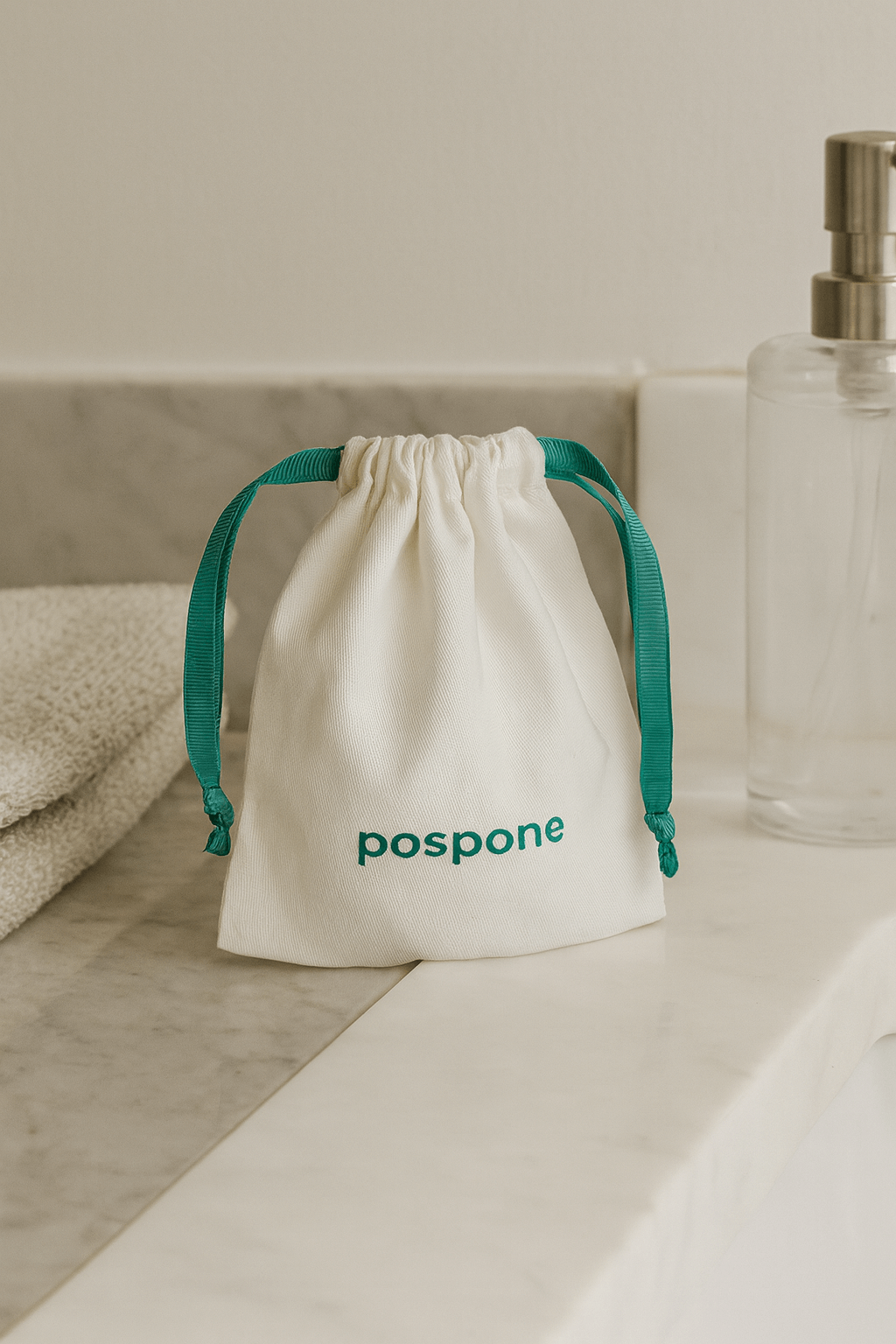 White drawstring bag with 'pospone' branding on a bathroom counter. – benzene‑free, plant‑based dry shampoo by pospone