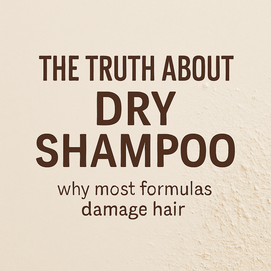 Graphic with text overlay: The Truth About Dry Shampoo — why most formulas damage hair.