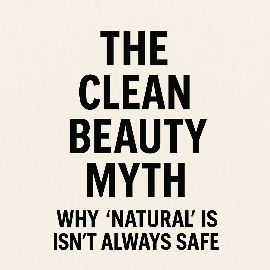 Minimalist blog header graphic with the title ‘The Clean Beauty Myth: Why Natural Isn’t Always Safe’ on a beige background with soft powder texture. Modern clean beauty and wellness aesthetic.