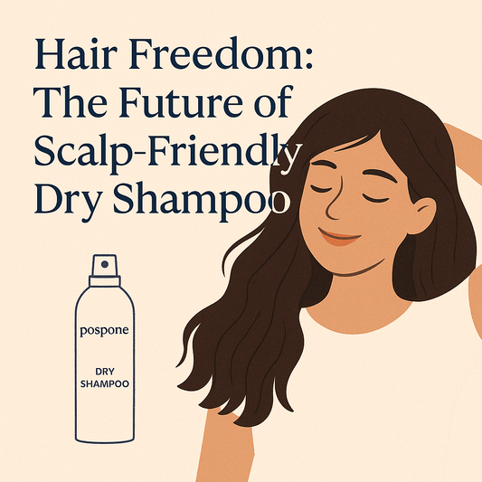 Minimalist blog header graphic with the title ‘Hair Freedom: Redefining Beauty on Your Own Terms’ on a soft beige background with light powder texture. Modern wellness and clean beauty aesthetic.