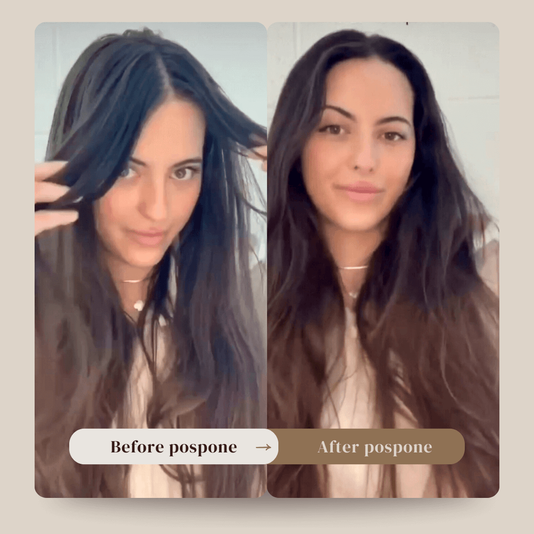 Before and after results of a woman using pospone™ dry shampoo — dull, oily hair transformed into clean, voluminous, and healthy-looking strands.