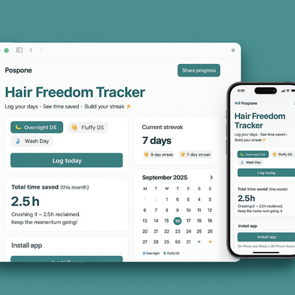 Responsive mockup of the Hair Freedom Tracker on desktop and mobile showing log chips (Overnight/Fluffy/Wash), a monthly calendar with color-coded dots, time-saved and streak counters, and a ‘Share progress’ button.