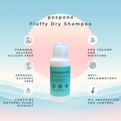 Pospone™ Fluffy Dry Shampoo — fragrance-free, residue-free formula that absorbs excess oil, soothes the scalp, and adds lightweight volume.