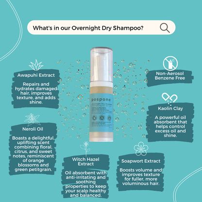 Bottle of pospone™ Overnight Dry Shampoo beside its clean, plant-based ingredients like neroli oil, alwapuhi extract and kalin clay — designed for residue-free overnight cleansing.