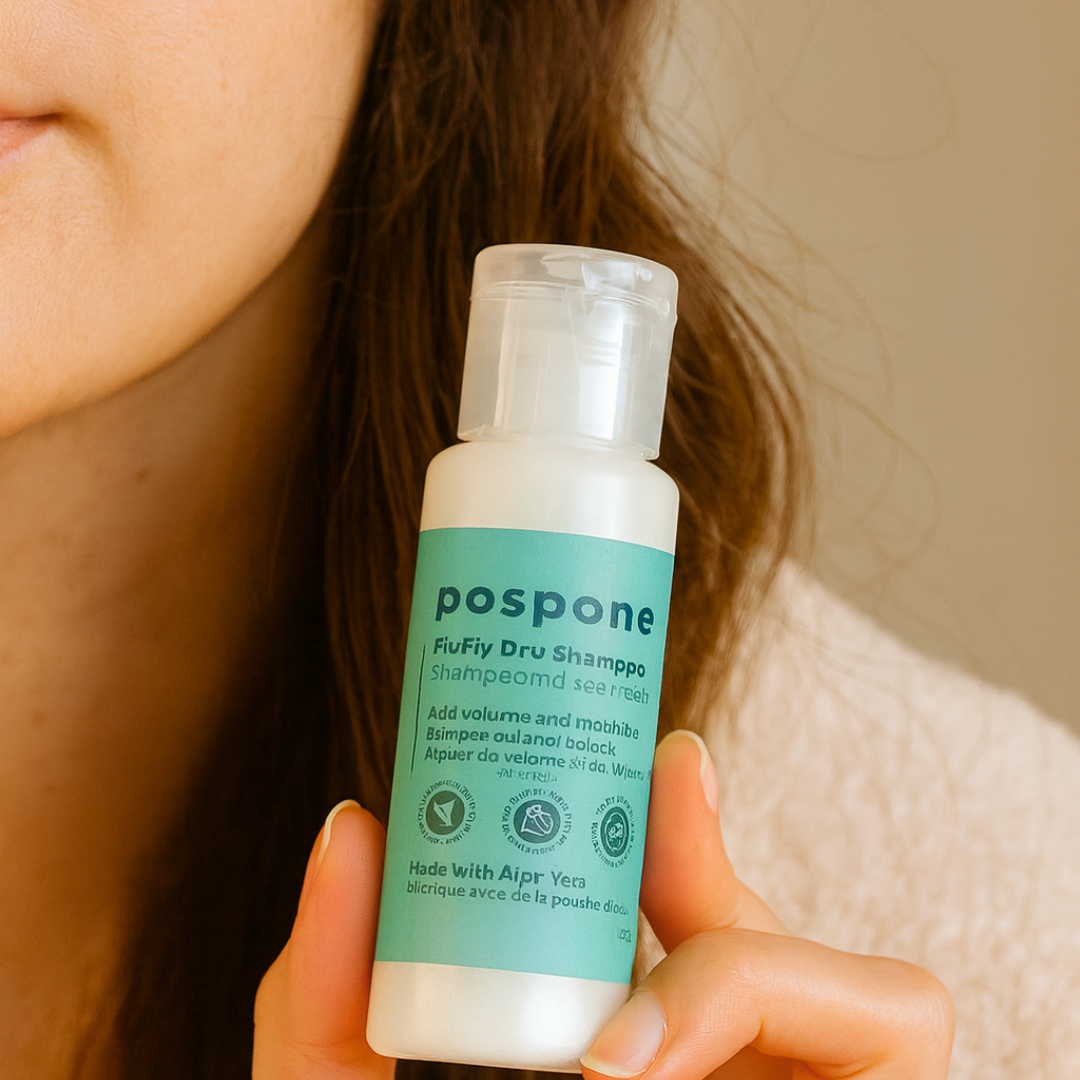 Person holding a bottle of 'pospone' fluffy dry shampoo against a neutral background – benzene‑free, plant‑based dry shampoo by pospone