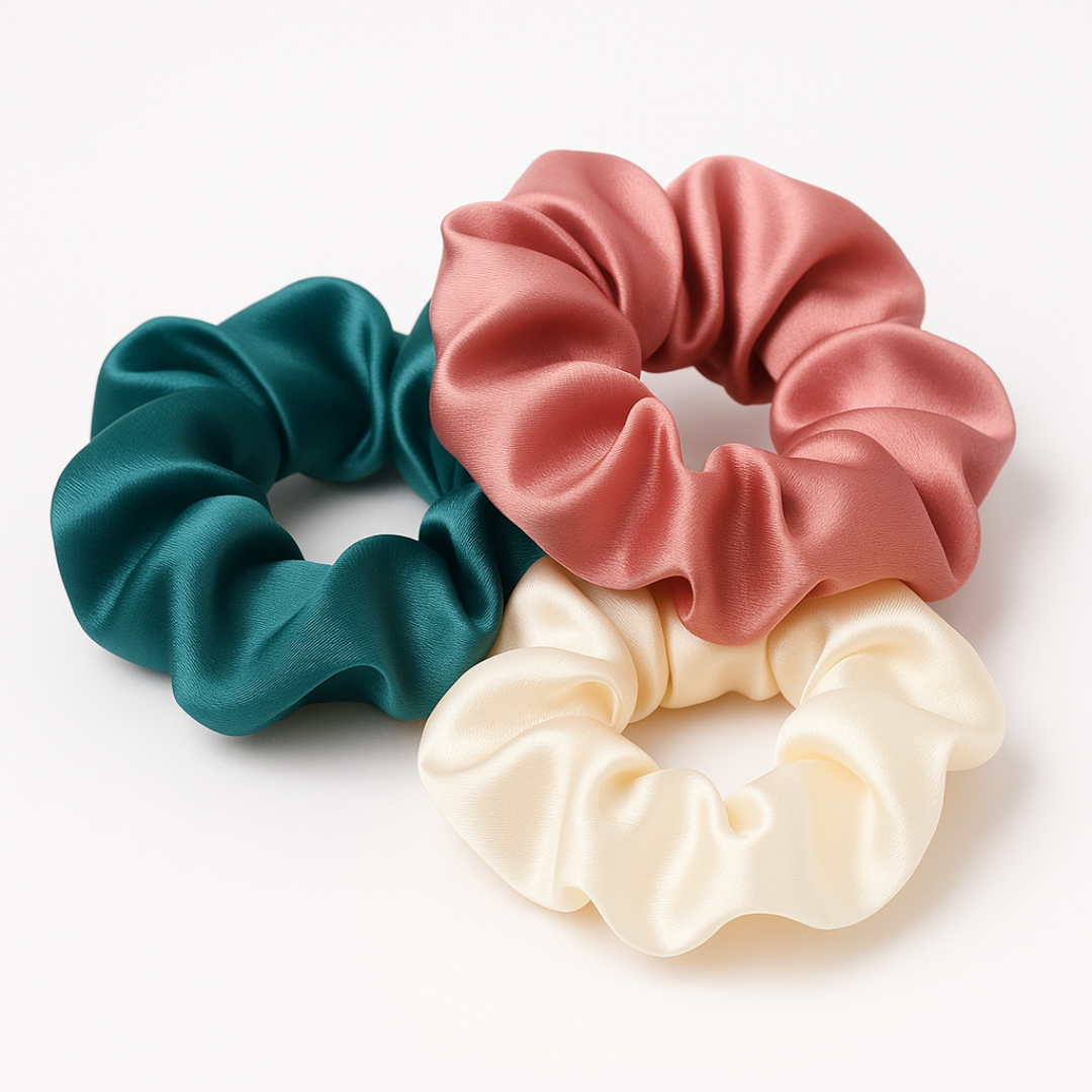 Three satin scrunchies in teal, pink, and beige on a white background – benzene‑free, plant‑based dry shampoo by pospone