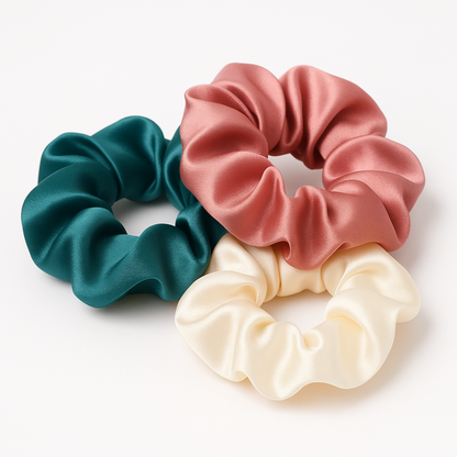Three satin scrunchies in teal, pink, and beige on a white background