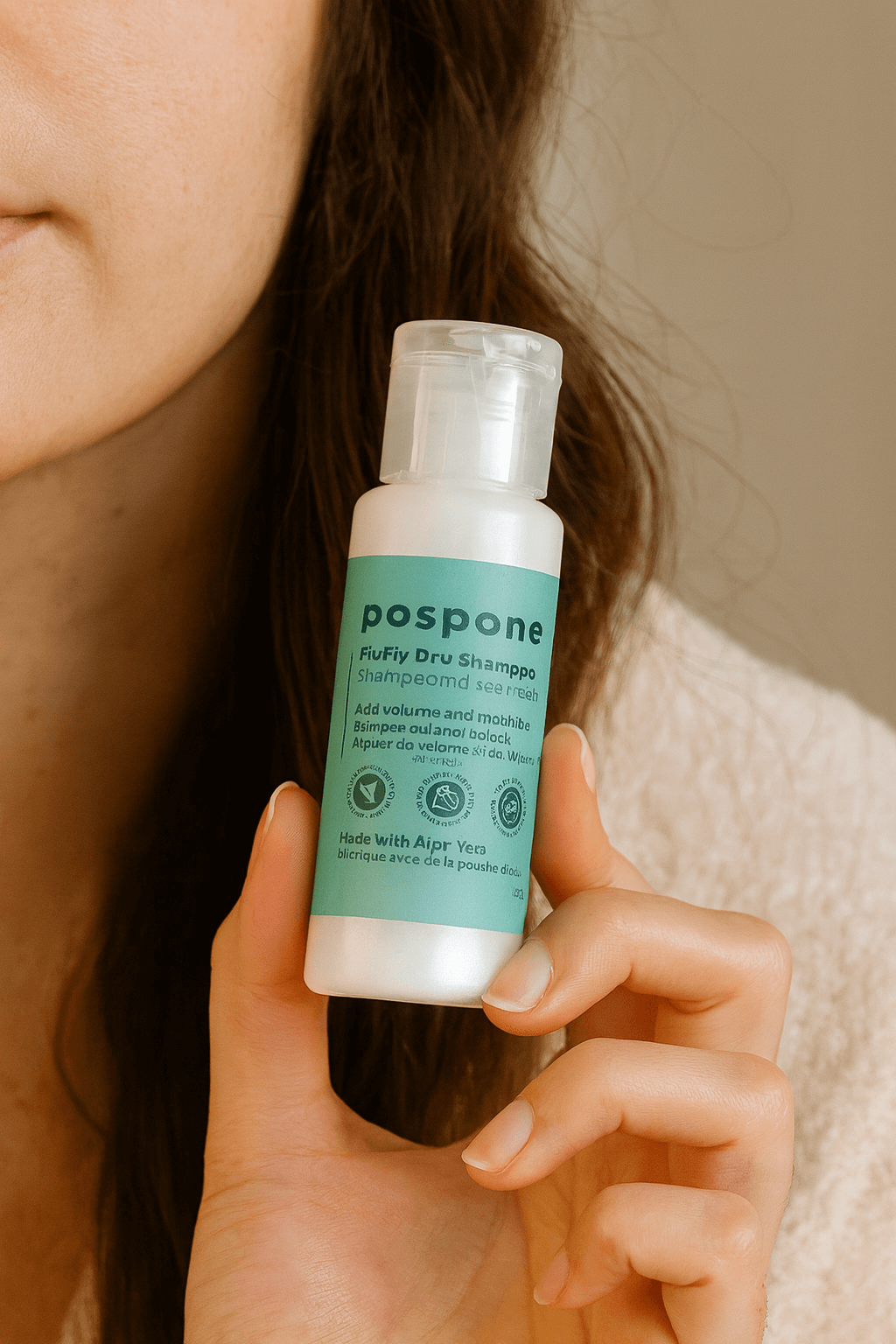 Person holding a bottle of 'pospone' fluffy dry shampoo against a neutral background