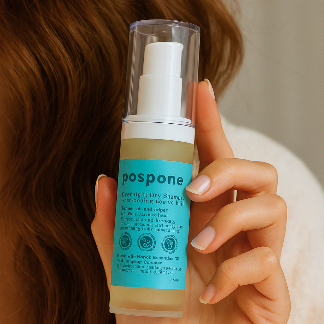 Hand holding a bottle of 'pospone' dry shampoo with a blurred background – benzene‑free, plant‑based dry shampoo by pospone