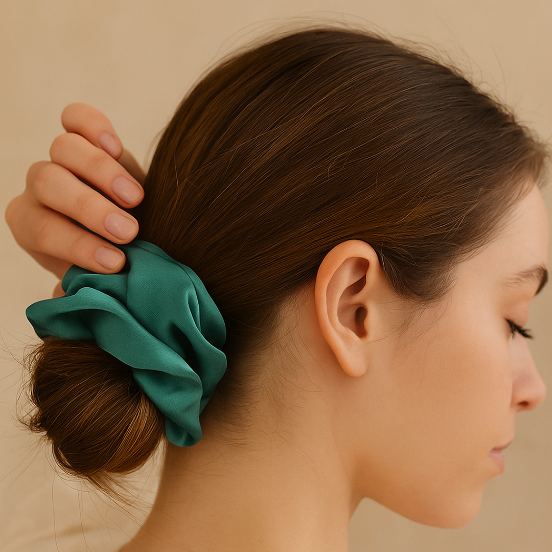 Person with a teal scrunchie in their hair against a beige background – benzene‑free, plant‑based dry shampoo by pospone